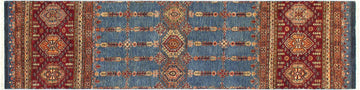 handmade Geometric Khurgeen Blue Red Hand Knotted RUNNER 100% WOOL area rug 3x9